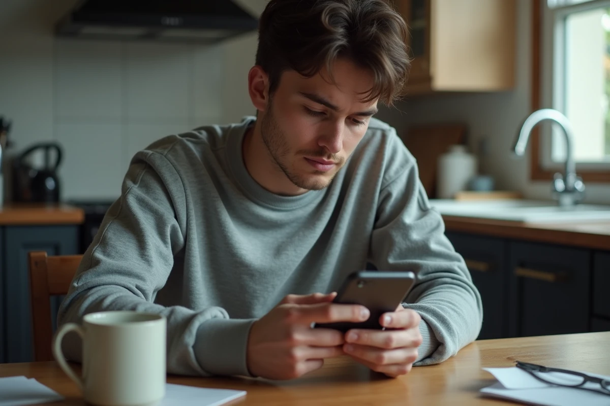 Jeune homme hésitant devant son téléphone cherchant les bons mots pour envoyer un message de soutien à un ami