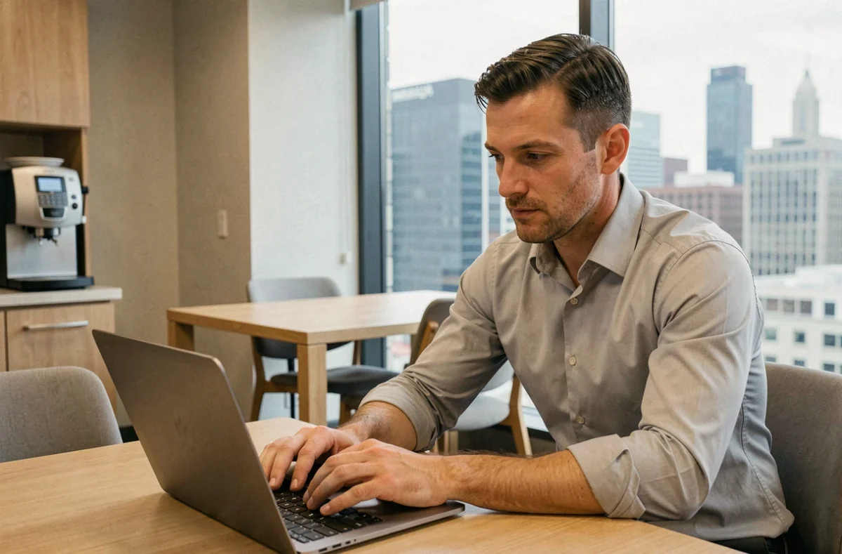 Homme consultant son ordinateur portable en pause dans une salle de repos de bureau
