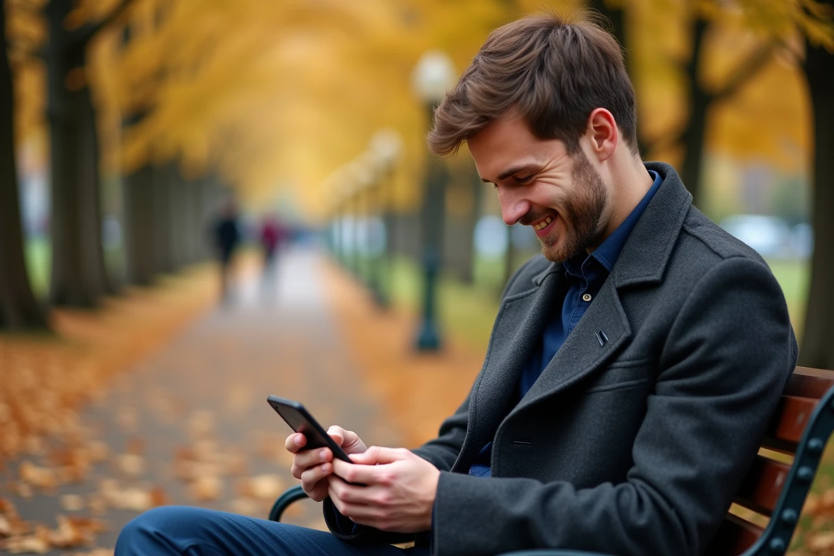 Homme souriant en regardant son téléphone dans un parc en automne, signe qu'une personne pense à lui