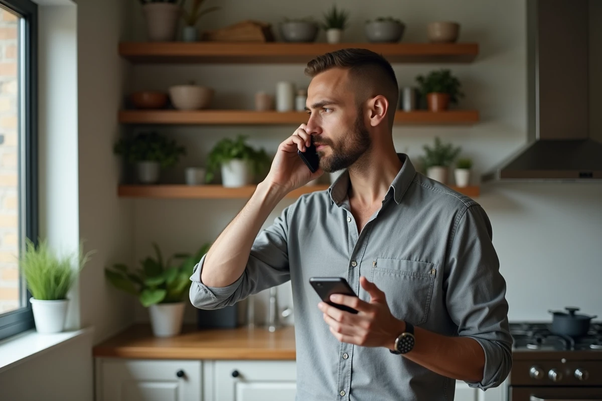 Homme mettant fin à une conversation téléphonique avec assurance dans une cuisine moderne