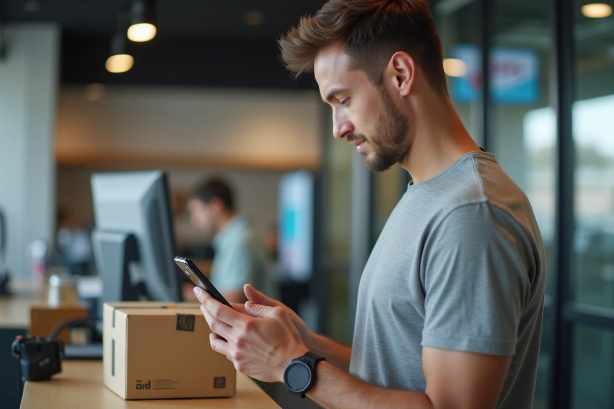 Homme vérifiant un remboursement ou un suivi de commande sur son téléphone dans un service client