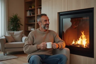 Homme d'âge moyen près d'une cheminée moderne chaleureuse