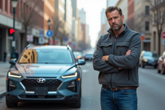 Homme sceptique à côté d'une voiture hybride brillante