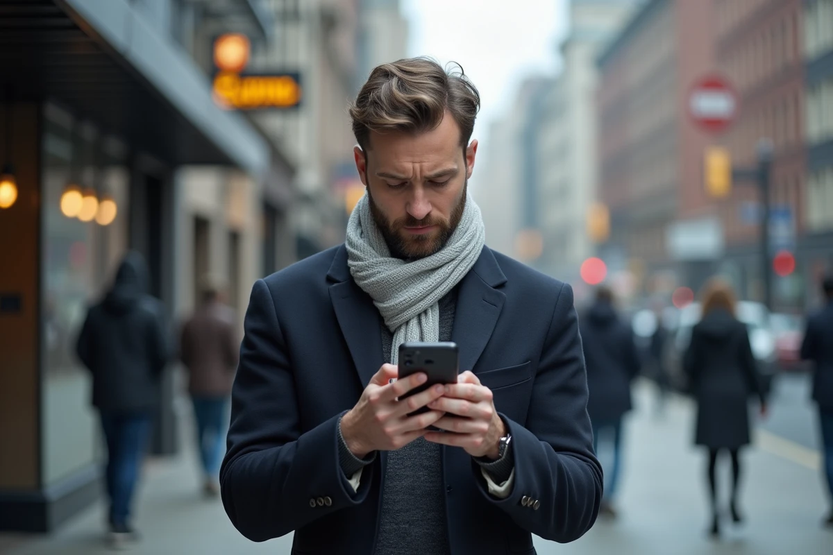 Homme consultant son smartphone dans une rue urbaine avec une expression interrogative, représentant la curiosité générée par un contenu qui affole les réseaux sociaux