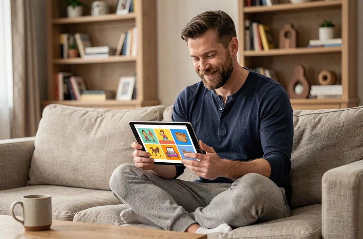 Homme trouvant la solution d'un mot de 9 lettres sur une tablette dans son salon