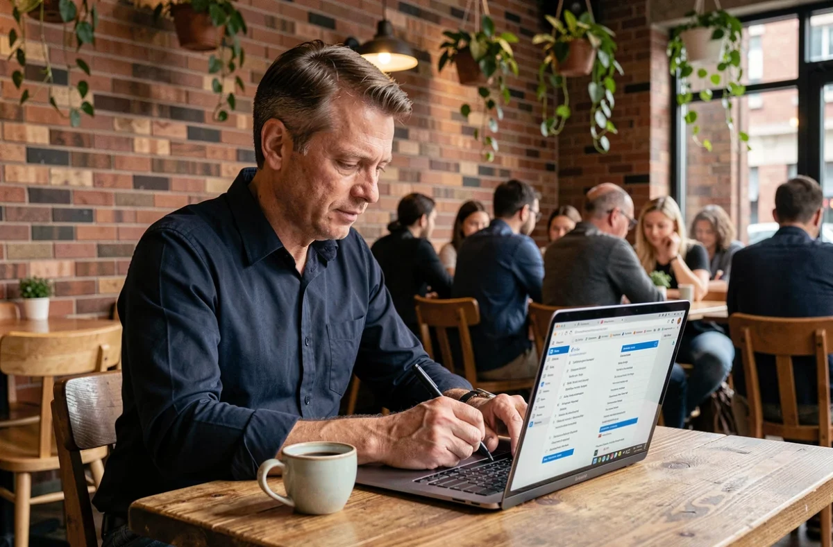 Homme triant des sources d'actualités sur un ordinateur portable dans un café urbain