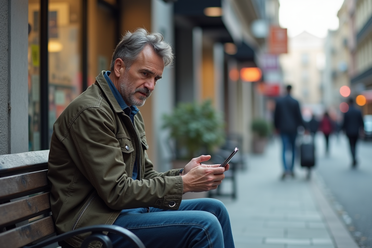 Homme d'âge moyen assis seul sur un banc urbain contemplant son smartphone