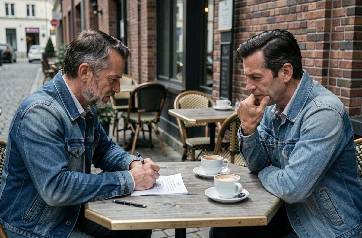 Deux hommes jouant au jeu du pendu sur une terrasse de café avec papier et stylo