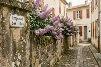 Panneau de rue 'Impasse des Lilas' en émail sur un mur en pierre dans une ruelle pavée d'une commune française