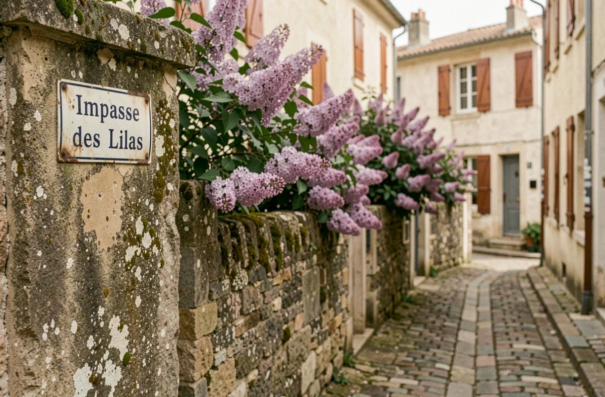 Panneau de rue 'Impasse des Lilas' en émail sur un mur en pierre dans une ruelle pavée d'une commune française