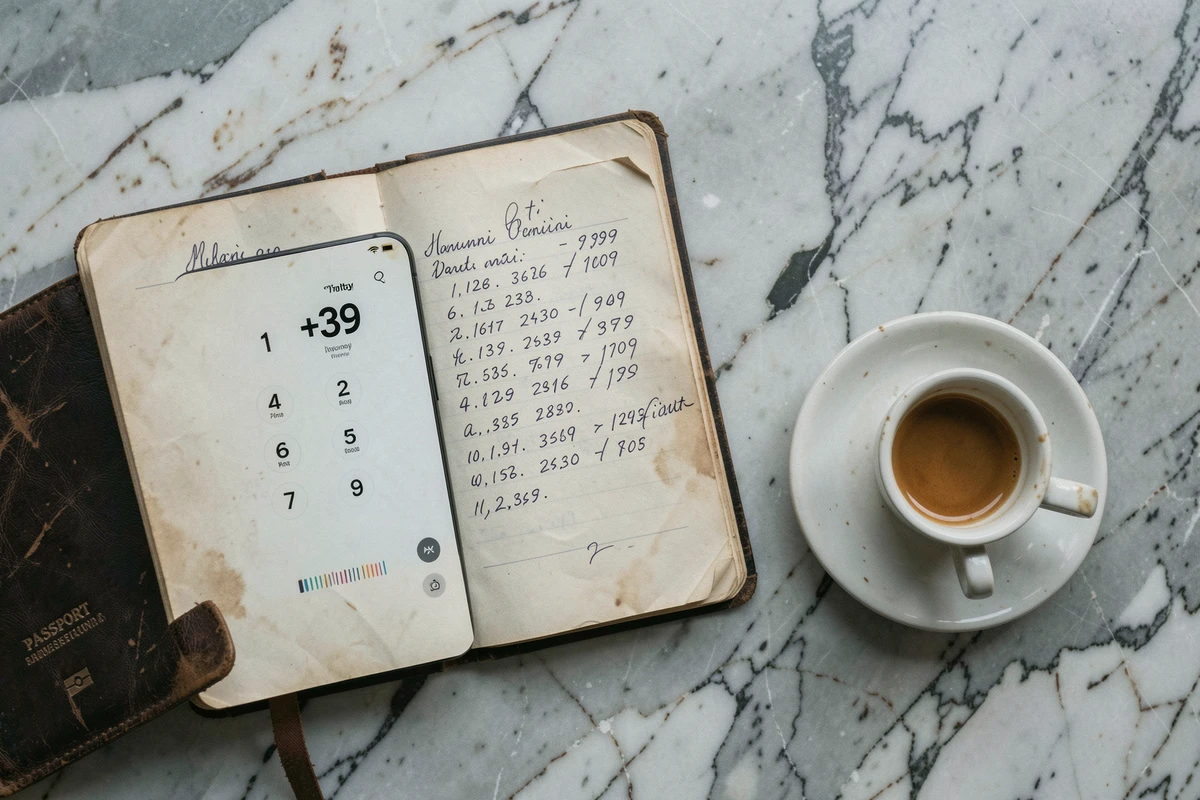 Vue aérienne d'un bureau en marbre avec smartphone affichant l'indicatif +39, carnet d'adresses manuscrit et passeport pour illustrer les appels vers l'Italie