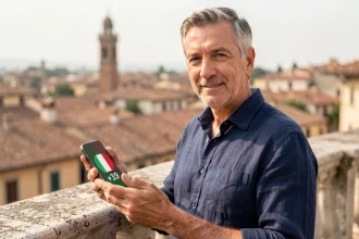 Homme italien tenant un smartphone affichant l'indicatif international +39 avec un drapeau italien, sur fond de toits romains en terrasse