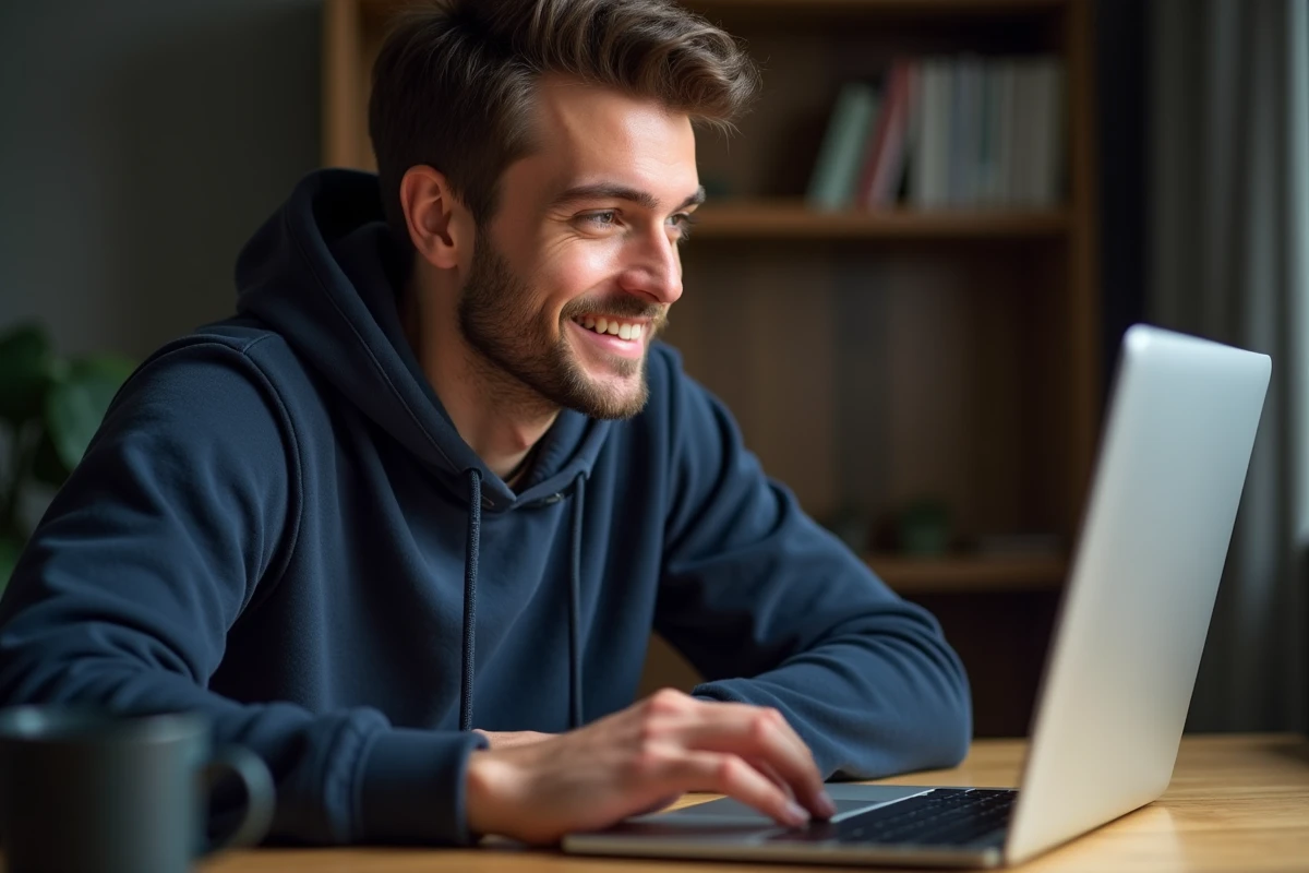 Jeune homme concentré jouant au mini-jeu de la toupie Google sur un ordinateur portable dans un bureau à domicile