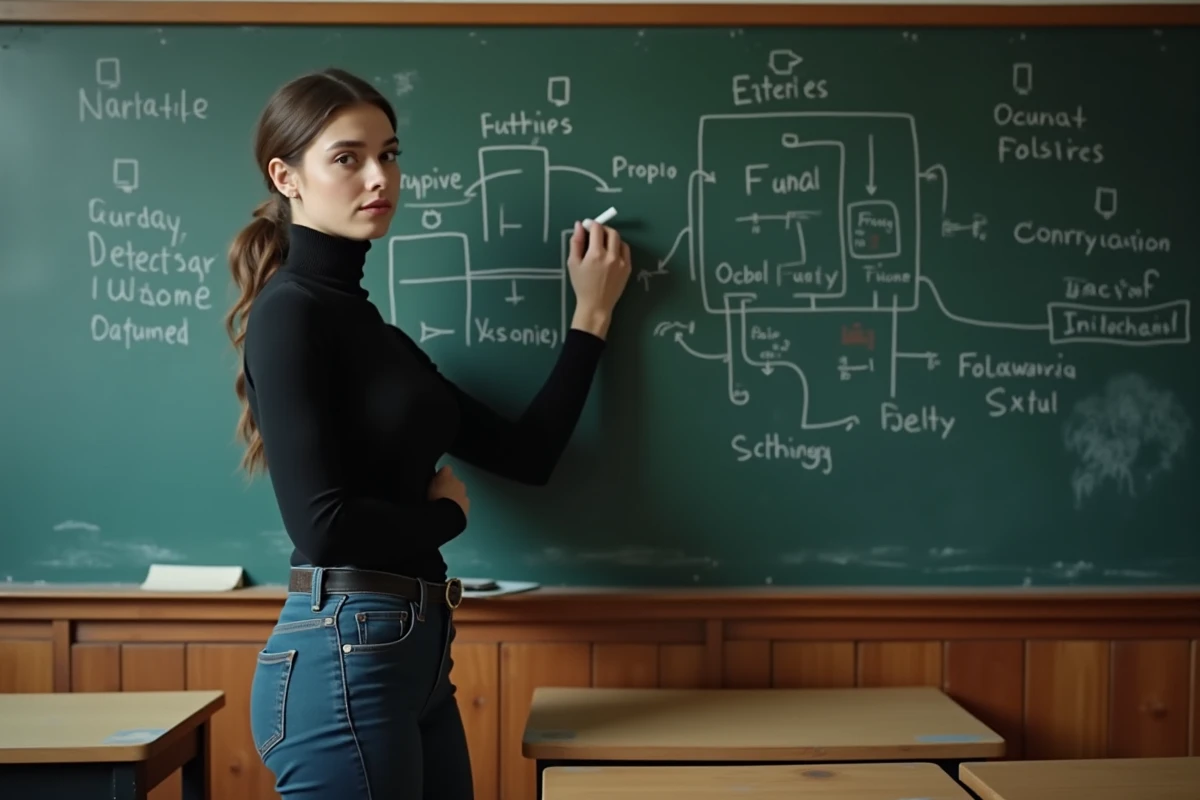 Jeune femme en classe dessinant une chronologie