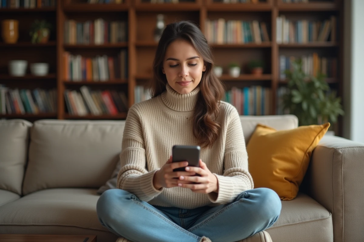 Jeune femme tenant son téléphone avec une expression sereine après avoir mis fin à un appel indésirable