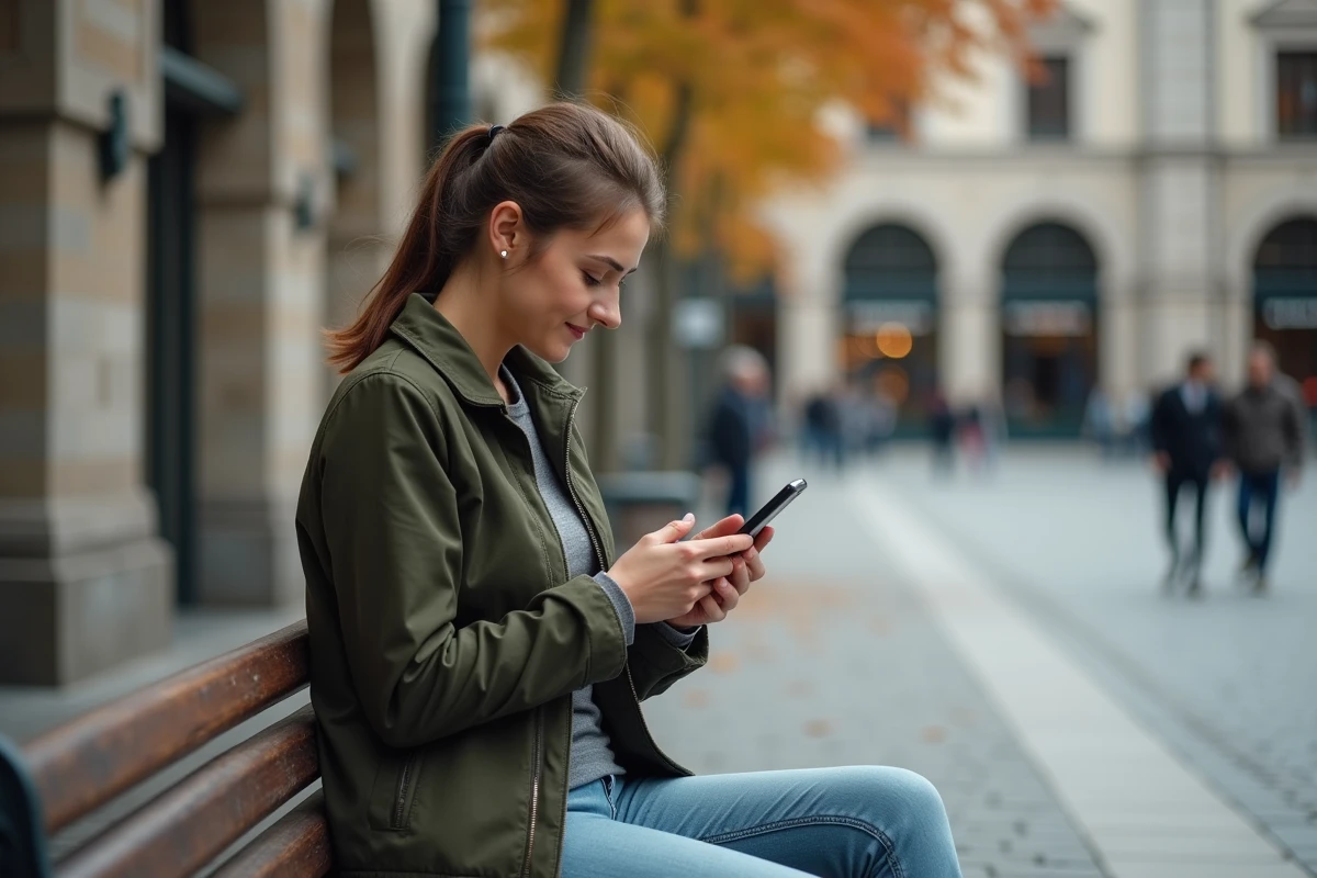 Jeune femme consultant un portail d'informations sur smartphone en extérieur dans une place urbaine