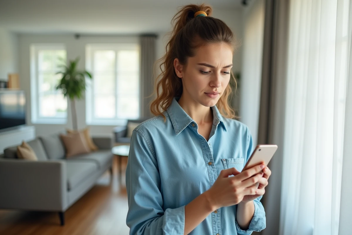 Jeune femme consultant sa messagerie Vinted près d'une fenêtre en attendant une réponse du support