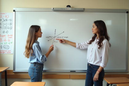 Jeune fille et professeur discutent devant un tableau blanc en classe