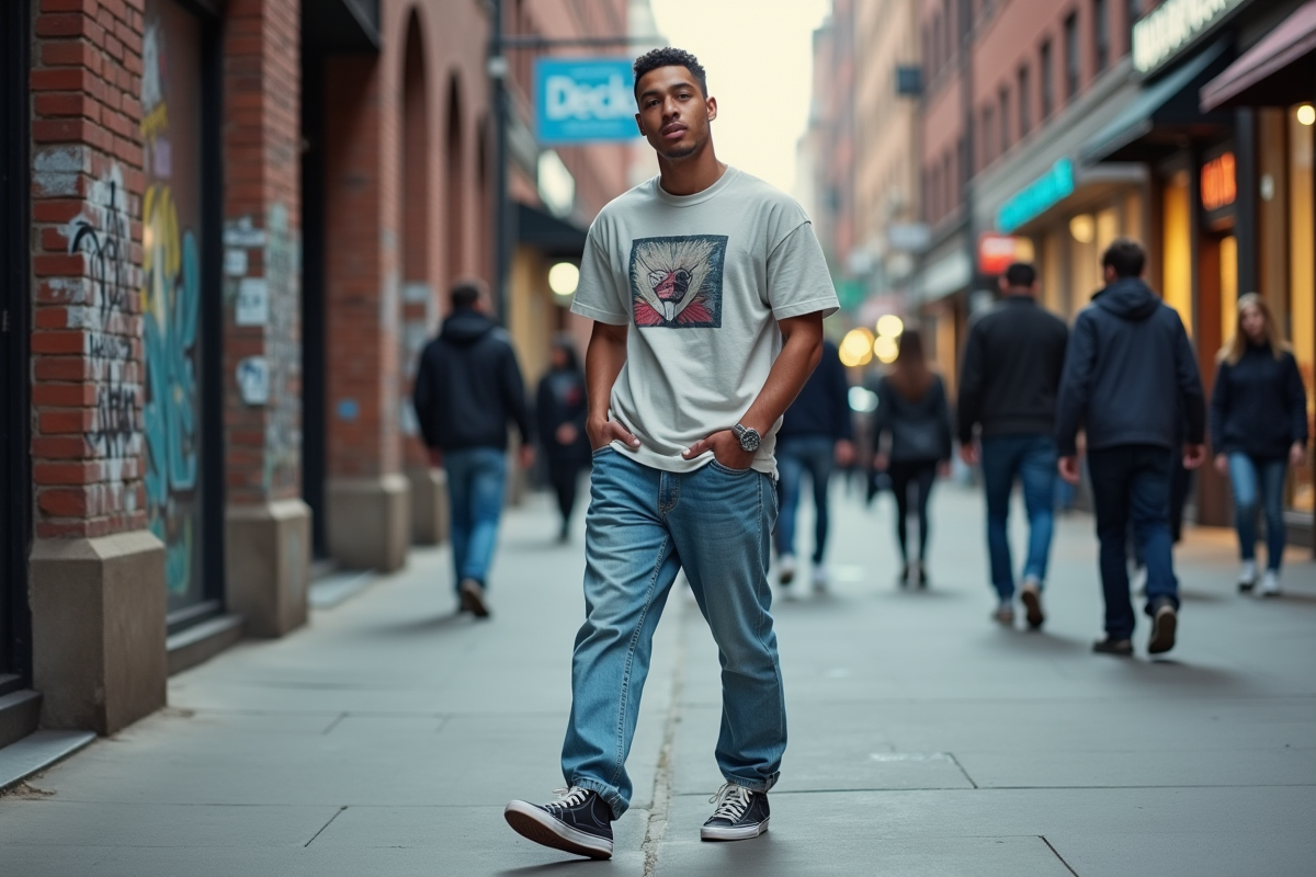 Jeune homme dans la rue en denim et sneakers