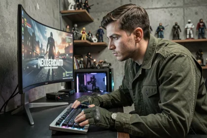 Joueur passionné analysant la bande-annonce de Gears of War E-Day sur un grand écran incurvé dans un setup gaming sombre