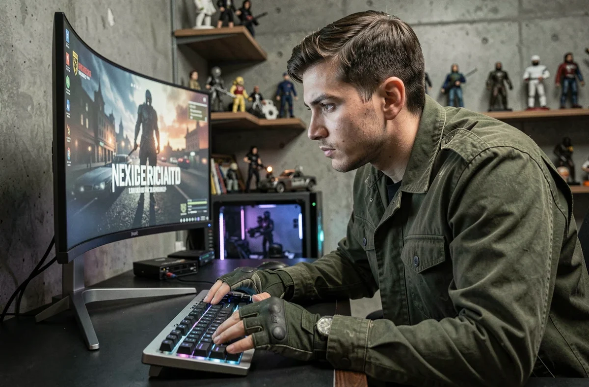Joueur passionné analysant la bande-annonce de Gears of War E-Day sur un grand écran incurvé dans un setup gaming sombre