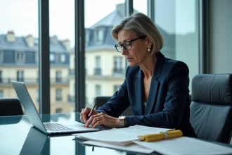 Juriste professionnelle examinant des documents de jurisprudence lors d'un congrès juridique à Paris
