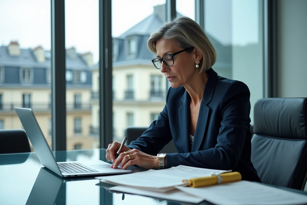 Juriste professionnelle examinant des documents de jurisprudence lors d'un congrès juridique à Paris