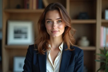 Portrait professionnel d'une jeune femme française en blazer marine dans un bureau éditorial, évoquant la carrière de Laurène Godey