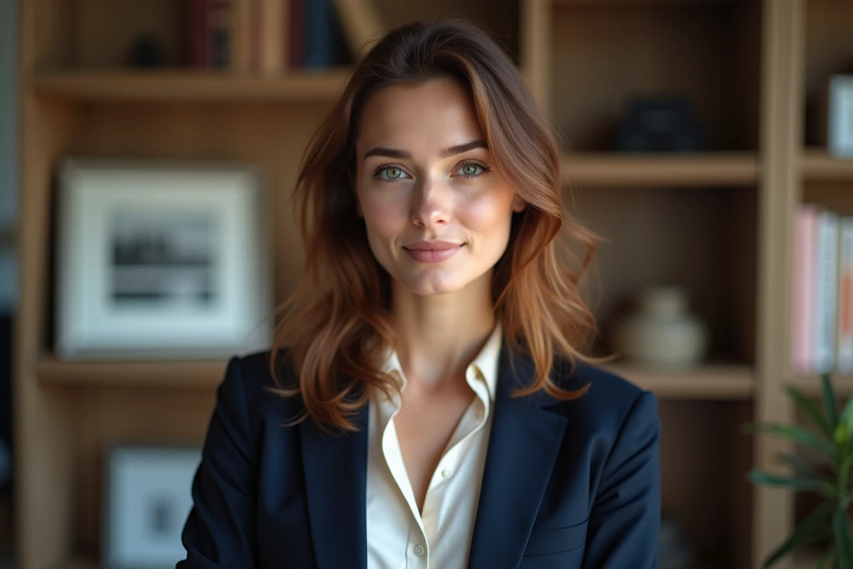 Portrait professionnel d'une jeune femme française en blazer marine dans un bureau éditorial, évoquant la carrière de Laurène Godey