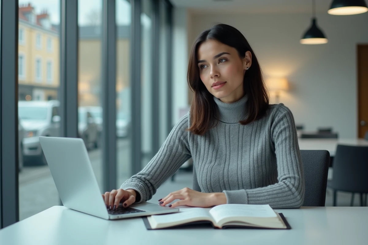 Femme professionnelle travaillant dans un bureau moderne de médias français, illustrant la carrière éditoriale de Laurène Godey