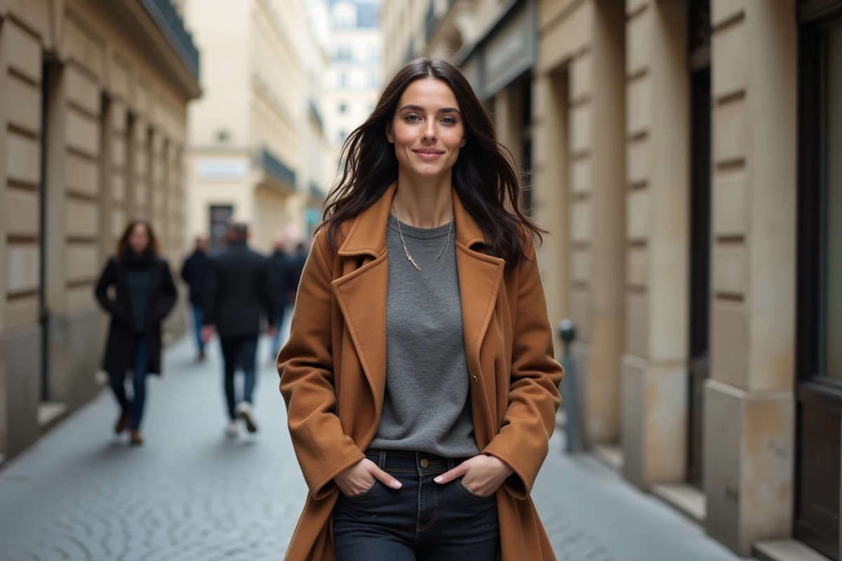 Femme française élégante marchant dans un quartier parisien typique, évoquant la vie privée et le quotidien de Laurène Godey