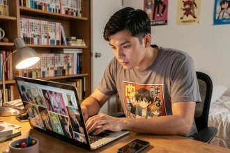 Jeune homme lisant le scan One Piece 1151 en VF sur son ordinateur dans une chambre décorée de mangas