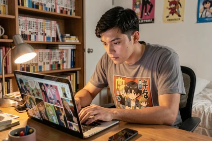 Jeune homme lisant le scan One Piece 1151 en VF sur son ordinateur dans une chambre décorée de mangas