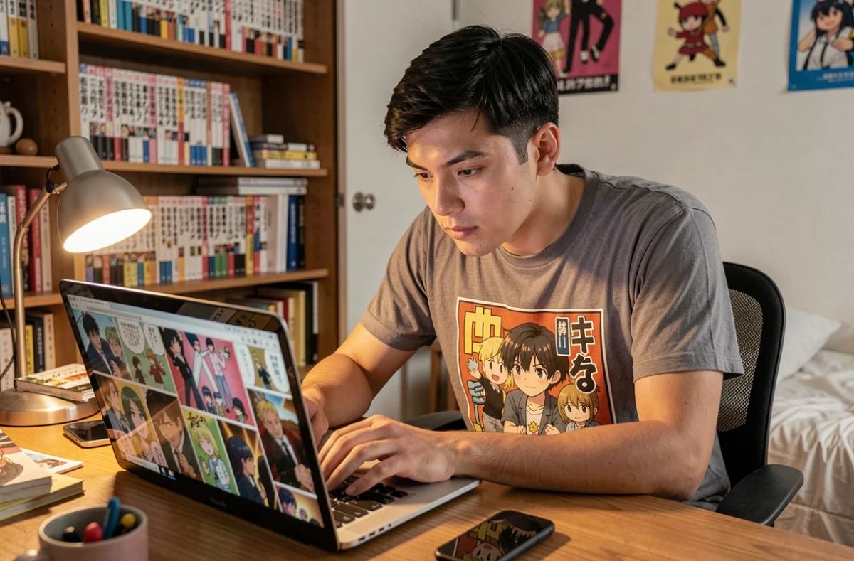 Jeune homme lisant le scan One Piece 1151 en VF sur son ordinateur dans une chambre décorée de mangas