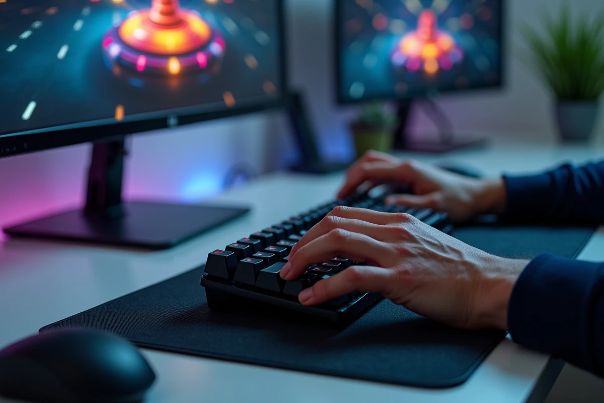 Gros plan sur des mains d'adulte prêtes à jouer au mini-jeu toupie Google sur clavier mécanique de bureau