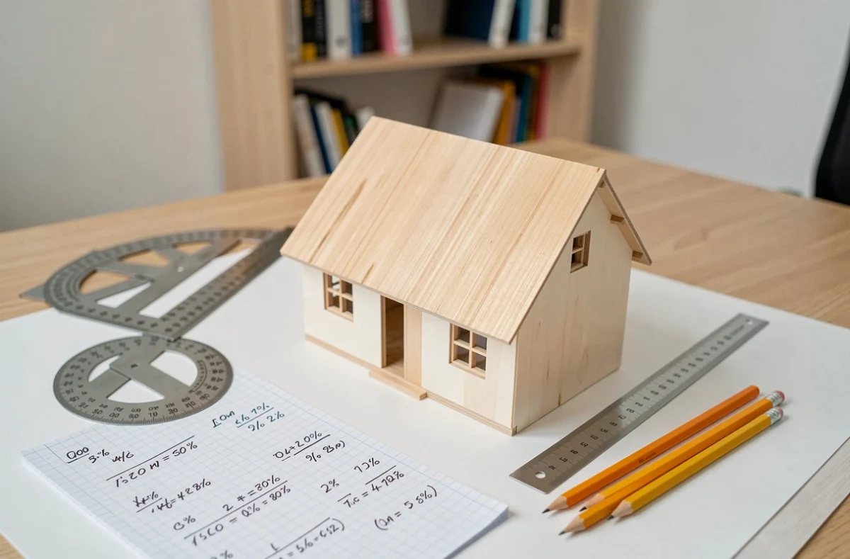 Maquette architecturale de toiture avec calculs de pente en pourcentage et en degrés sur papier millimétré