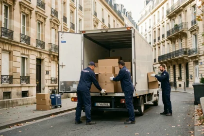 Équipe de déménagement professionnelle chargeant des cartons dans un camion blanc dans une rue résidentielle de Saint-Maur-des-Fossés