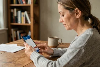 Femme modifiant un rendez-vous de parloir sur son smartphone depuis un bureau à domicile