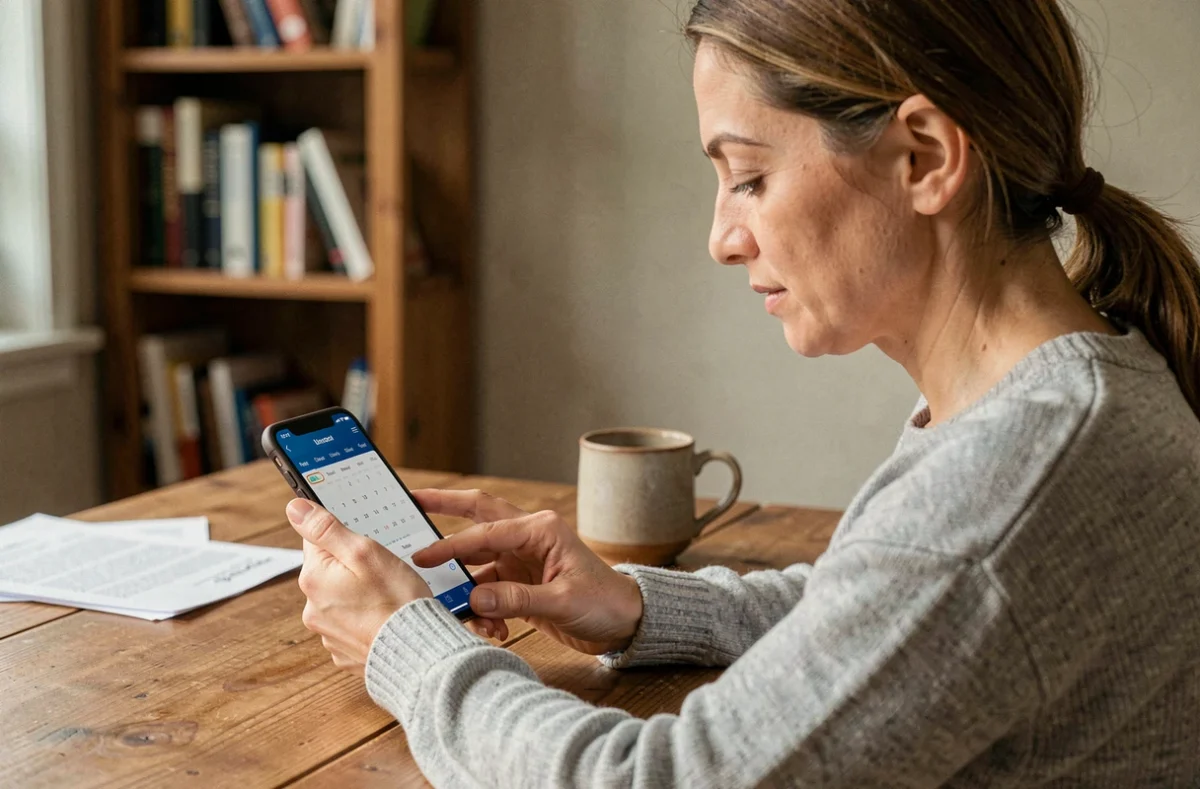 Femme modifiant un rendez-vous de parloir sur son smartphone depuis un bureau à domicile