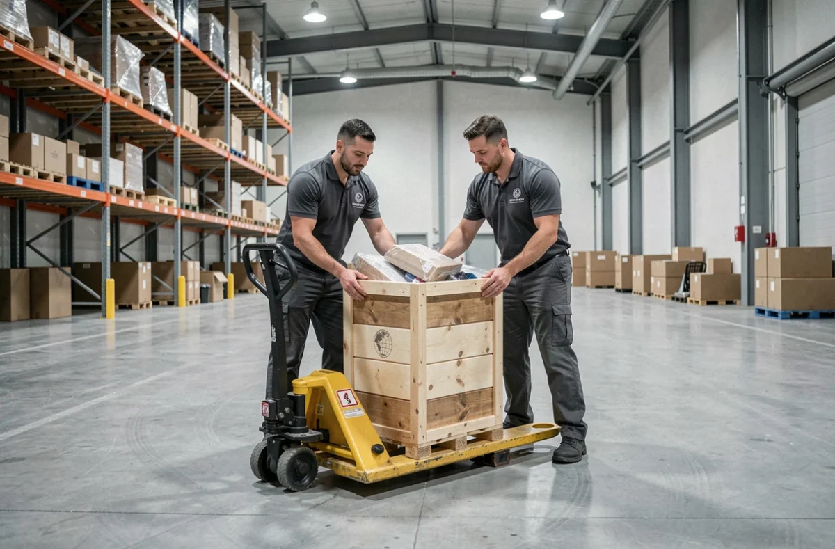 Deux déménageurs Mondial Movers chargeant une caisse en bois sur un transpalette dans un entrepôt logistique professionnel
