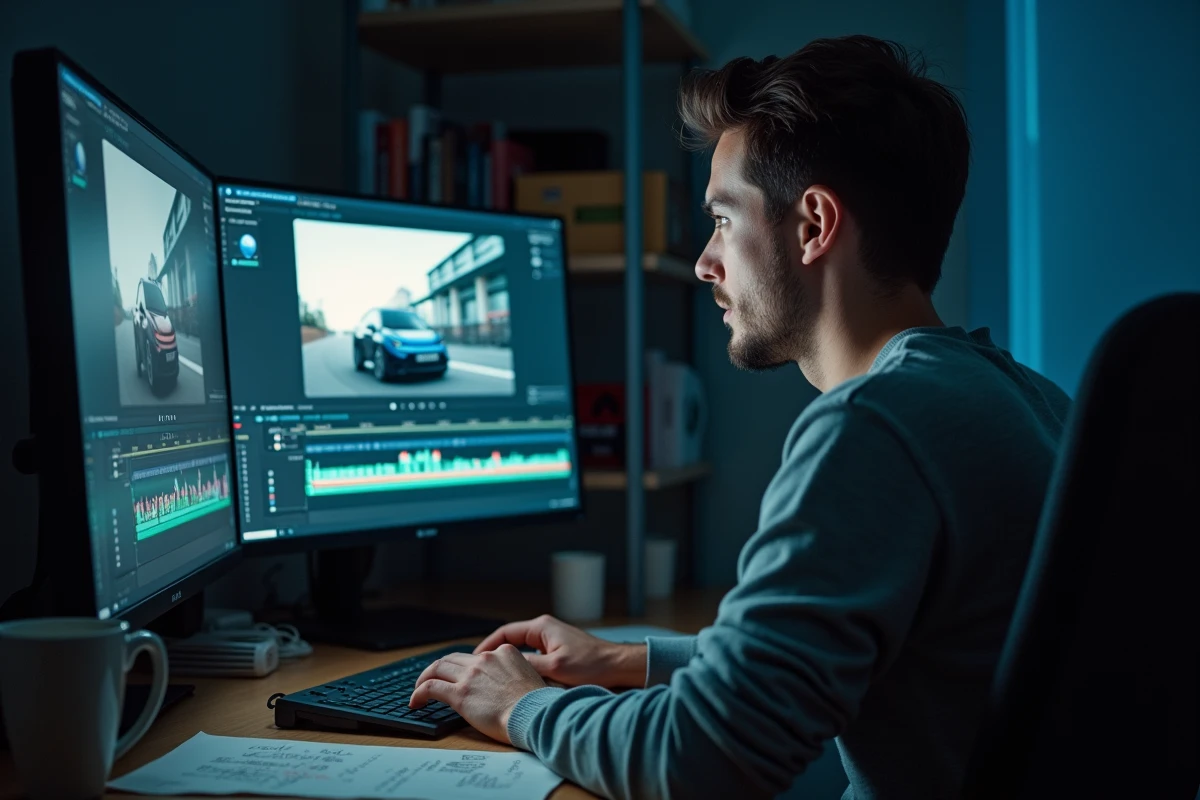 Créateur de contenu automobile en train de monter et d'éditer une vidéo YouTube sur un poste de montage professionnel à domicile