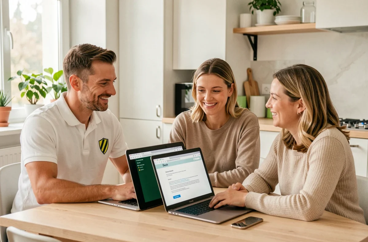 Conseiller Move Safe Déménagement présentant un contrat numérique à un couple de clients dans un appartement moderne