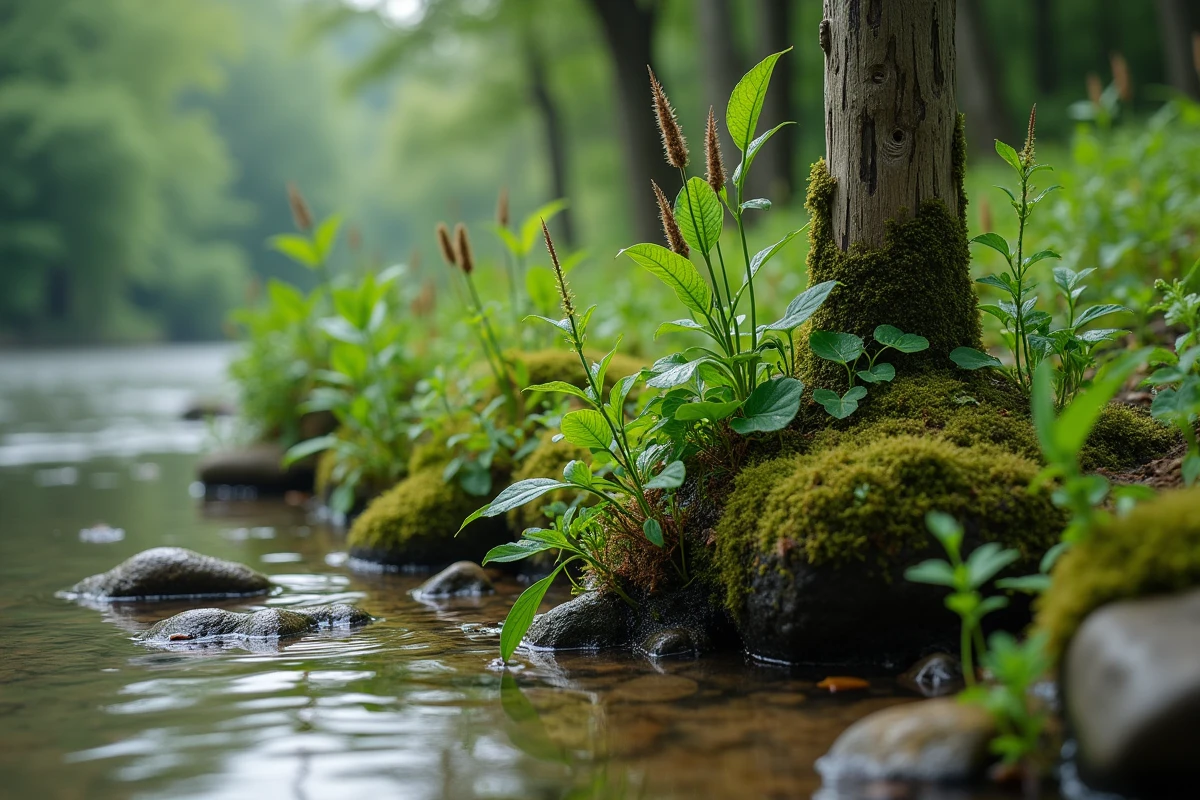 Détail de végétation naturelle et berges sauvages au bord de la Sarre à Saralbe