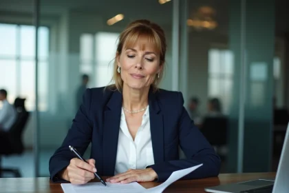 Femme d'affaires relisant un contrat commercial annoté lors d'une négociation précontractuelle en salle de réunion d'entreprise