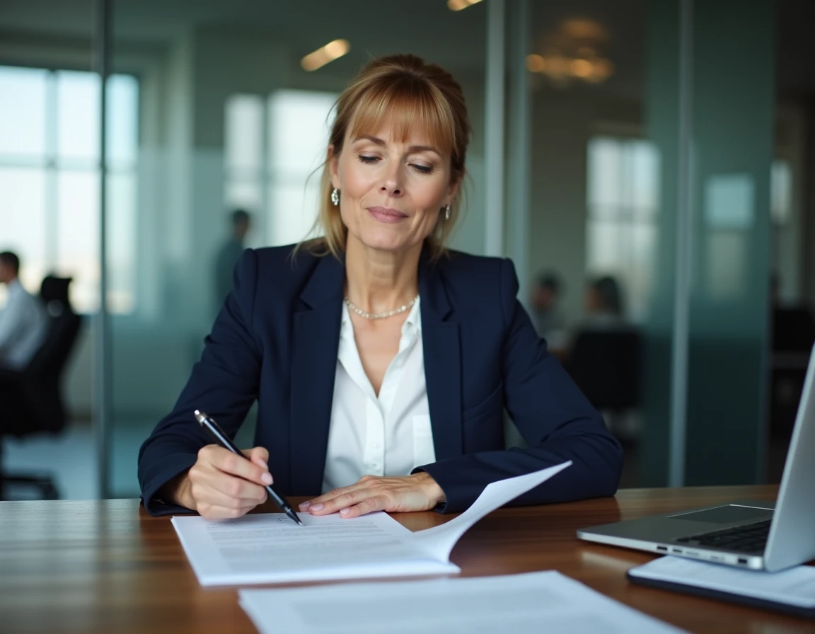 Femme d'affaires relisant un contrat commercial annoté lors d'une négociation précontractuelle en salle de réunion d'entreprise