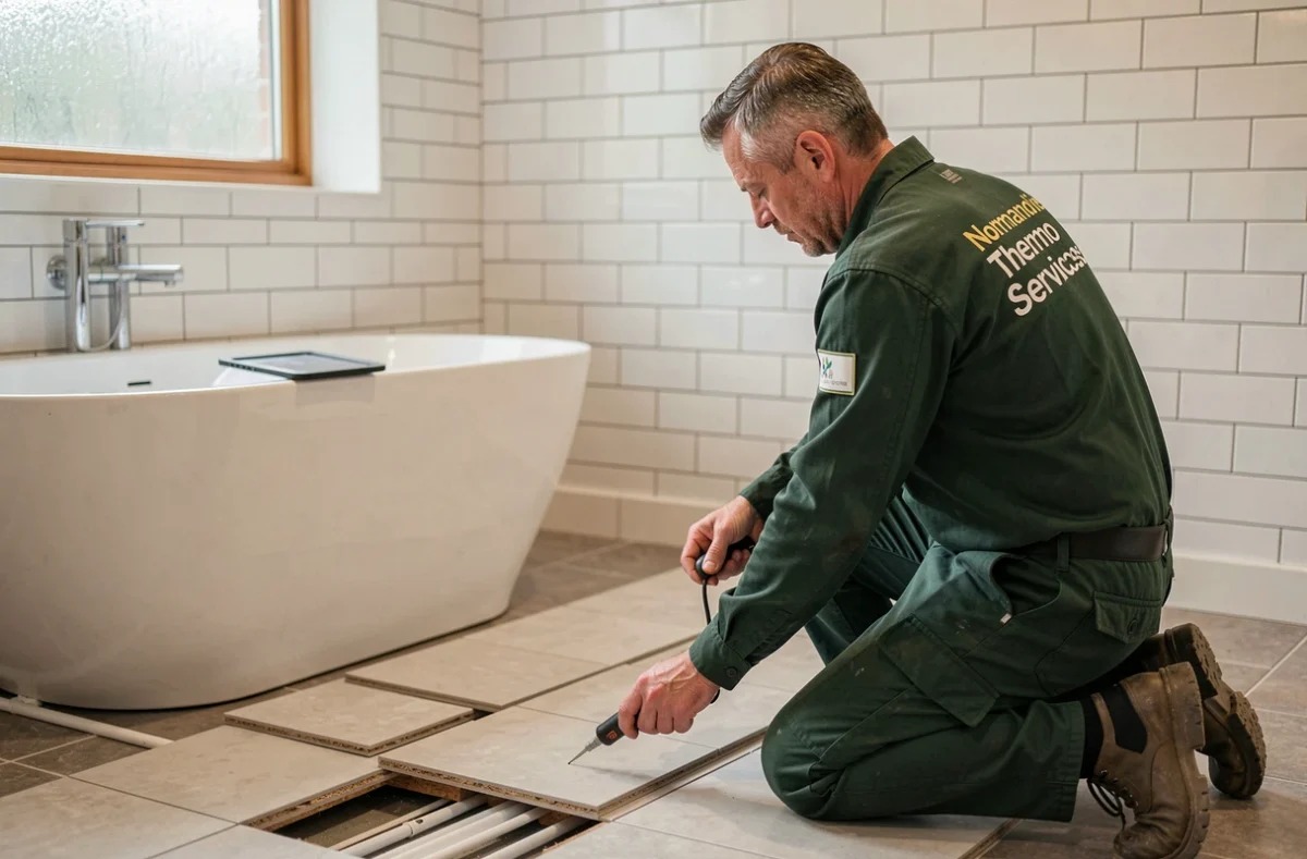 Technicien Normandie Thermo Services inspectant un plancher chauffant électrique dans une salle de bain normande