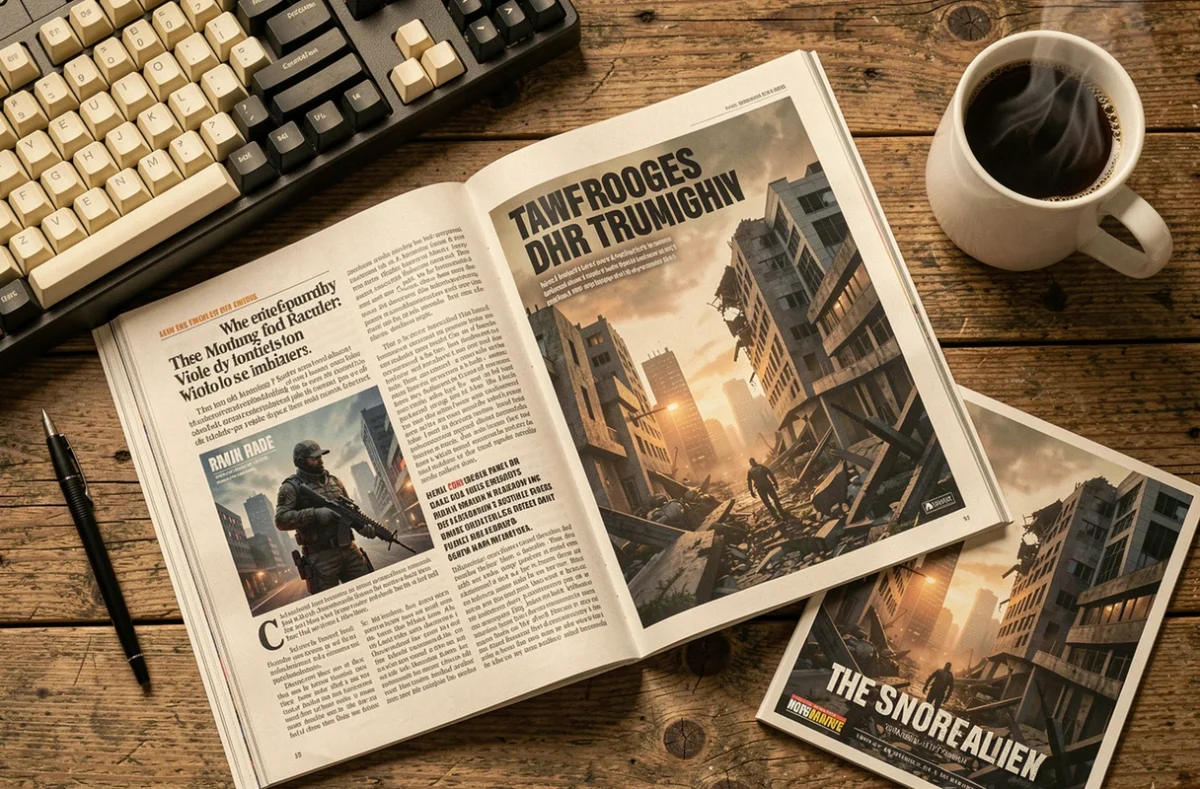 Mise en scène d'objets gaming évoquant l'analyse approfondie de la bande-annonce de Gears of War E-Day sur un bureau en bois