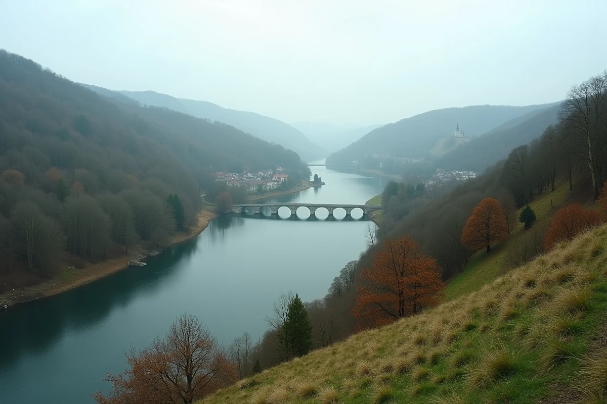 Vue panoramique sur la vallée de la Sarre et le village de Saralbe en automne