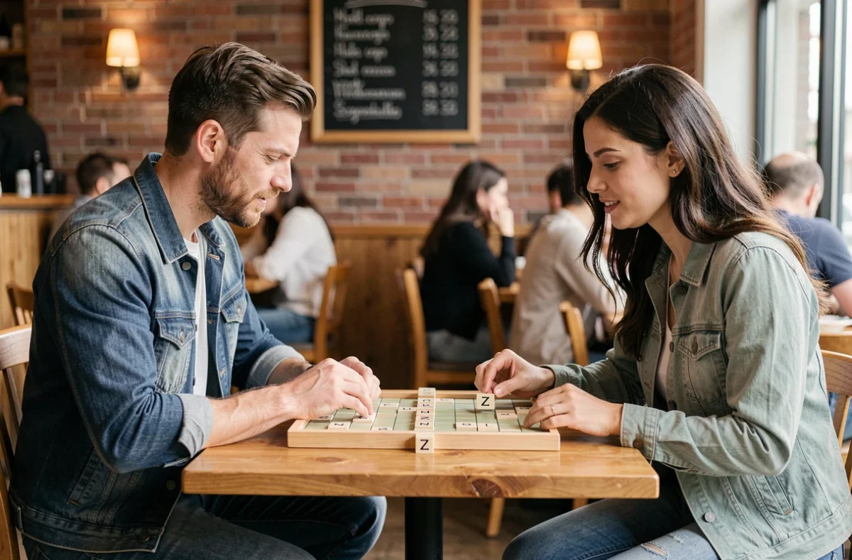 Deux joueurs adultes en compétition au Scrabble dans un café avec la lettre Z jouée sur le plateau