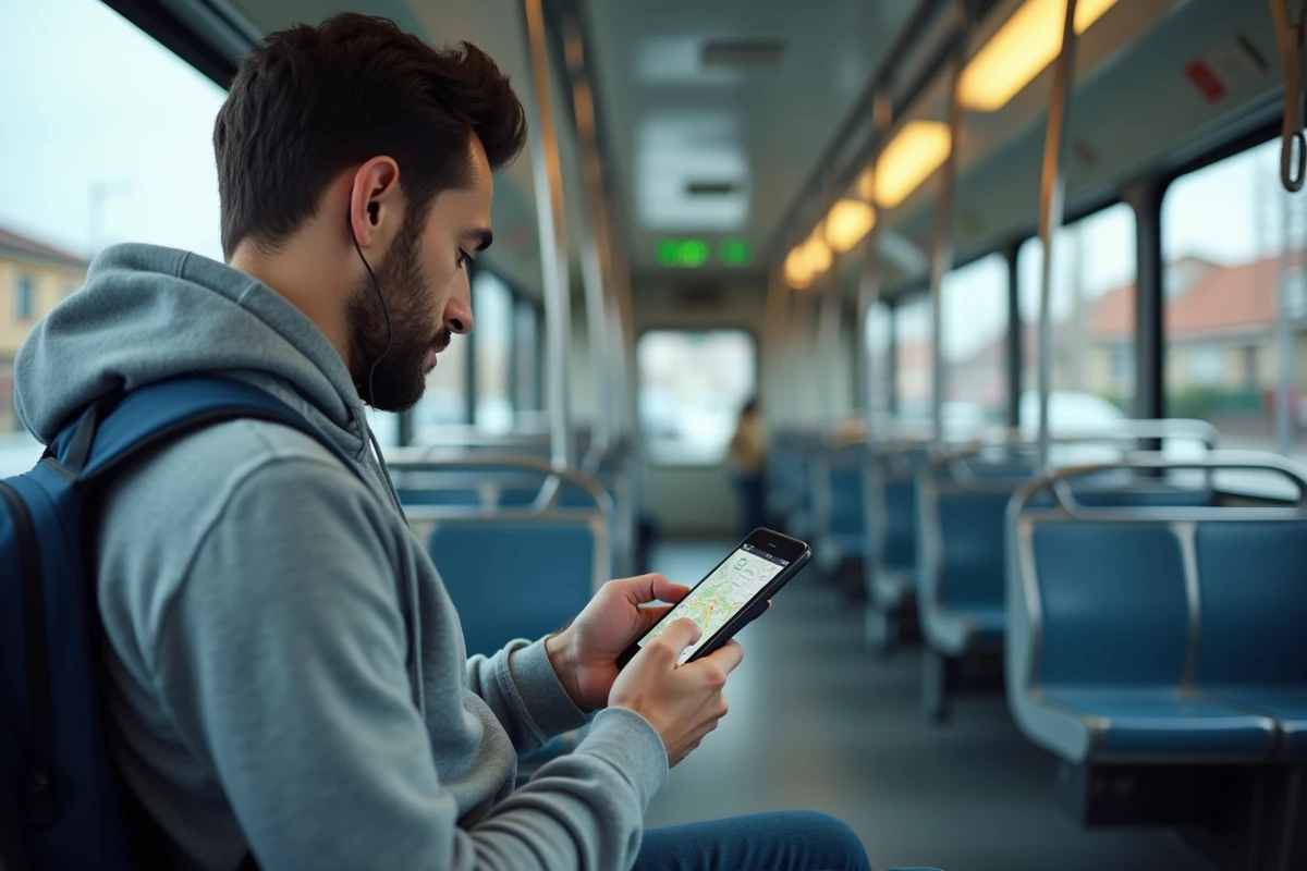 Passager consultant le plan et les horaires du bus 92 sur smartphone à l'intérieur du véhicule
